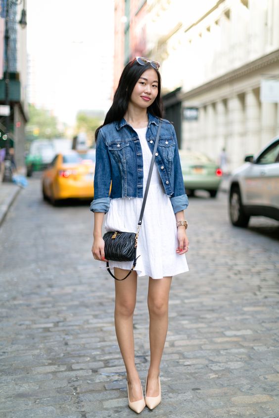 denim jacket and white dress