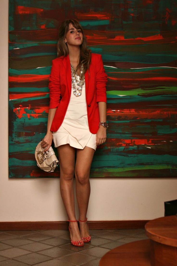 red dress with white jacket